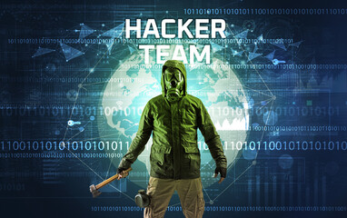 Poster - Faceless hacker at work, security concept