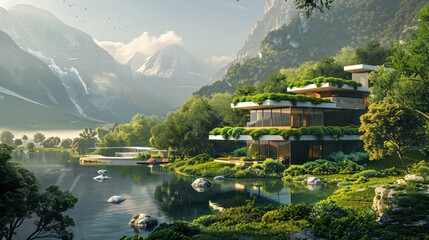 A serene landscape with homes powered by hydrogen fuel cells showcasing a blend of nature and sustainable living