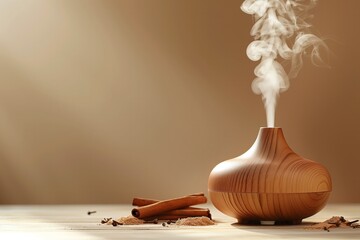 an essential oil diffuser on the table, nearby cinnamon sticks, minimalism, beige background, copy s