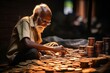 Elderly mans hands counting pennies, symbolizing poverty and financial struggle