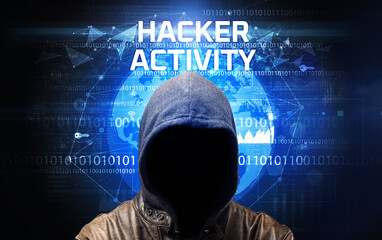 Poster - Faceless hacker at work, security concept