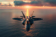 flying over the ocean at sunset jet fighter F35 with great speed. new technologies of military combat aviation concept