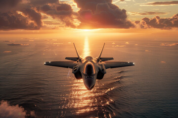 Wall Mural - flying over the ocean at sunset jet fighter F22 with great speed. new technologies of military combat aviation concept