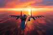 flying over the ocean at sunset jet fighter su35 with great speed. new technologies of military combat aviation concept