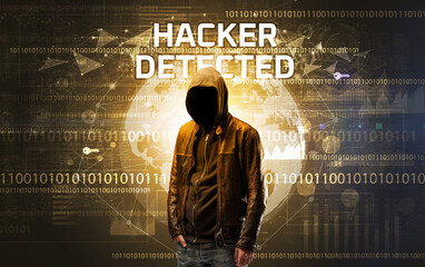 Poster - Faceless hacker at work, security concept