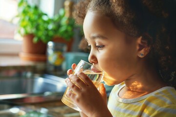 Young girl drinking water in kitchen. Cute curly-haired girl enjoys a refreshing glass of water at home