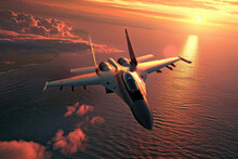 Flying Over The Ocean At Sunset Jet Fighter Su35 With Great Speed. New Technologies Of Military Combat Aviation Concept