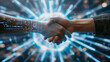 Shaking hands with a digital partner in front of a futuristic background. Artificial intelligence and machine learning process for the fourth industrial revolution