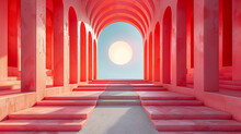 3d Render Of Red Corridor With Sun And Blue Sky Background.