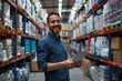 A man in a dress shirt is smiling while holding a tablet in a retail warehouse. He is providing engineering services for selling goods on shelves to enhance customer service in the marketplace