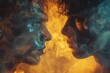 This intense image shows two individuals face-to-face, surrounded by a smoky aura, symbolizing conflict or deep conversation