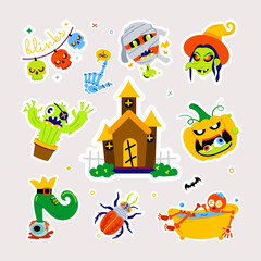 Wall Mural - Flat halloween vector with creepy characters and various spooky witchcraft items