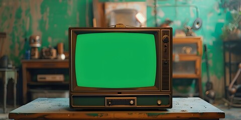 Vintage TV set with green screen backdrop and static effect high resolution . Concept Videography, Vintage TV Set, Green Screen, Static Effect, High Resolution