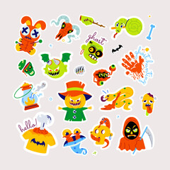 Wall Mural - Halloween theme vector with creepy laughing faces, spooky pumpkins, and witchcraft items 