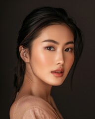 Wall Mural - Photo of an Asian female model on dark background