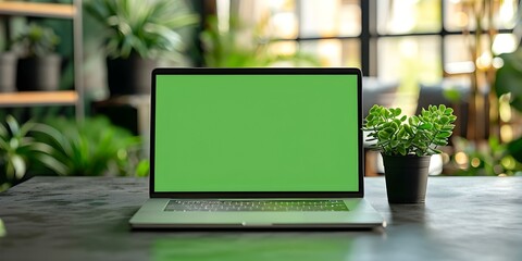Mockup laptop with green screen soft focus background tech concept . Concept Tech, Mockup, Laptop, Green Screen, Soft focus