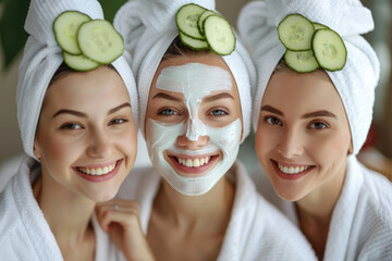 Wall Mural - Happy girls wearing white bathrobes towels on head having cucumber facial skin care mask. Smiling girls friends relaxing at spa beauty salon