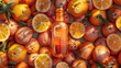 A bottle of orange liquid amidst a vibrant array of whole and sliced oranges and grapefruits