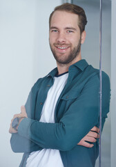 Poster - Portrait, arms crossed and glass with architect man in office, ready for building, construction or design. Architecture, industry and project management with confident young developer in workplace