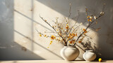 Fototapeta Konie - Spring blossom flowers bouquet in vase on table, shadows on wall, copy space
