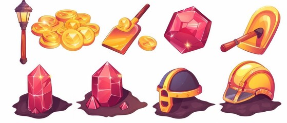 Wall Mural - This is a cartoon modern set of gui assets of treasure miner - heap of golden coins with red shiny gems or diamond crystal, shovel with wooden handle, helmet with lamp.