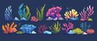 Seaweed and coral cartoon modern illustration set. Aquatic plants and animals from the ocean and aquarium. Various marine algae and sponges from the ocean.