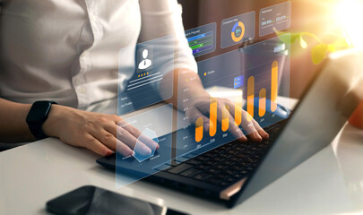 Advisor using Employee/KPI Dashboard on virtual screen.Empoyee profile dashboard and hr. HR Attrition,Employee retention, human resources Analytics and Employee Engagement.