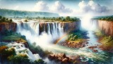 Watercolor landscape of Victoria Falls National Park, Zimbabwe