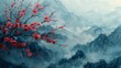 Japanese background with watercolor texture painting. Sea shore background with branches of flowers and wave decorations in vintage style. River pattern element.