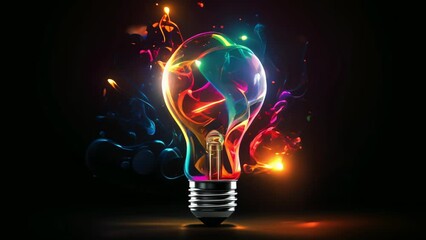 Wall Mural - lightbulb idea concept with colorful liquid of splashing unique creative idea on black background,
