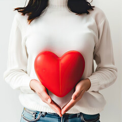 A girl holds a red heart in her hands on a white background
