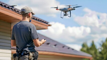 Wall Mural - Professional man  using a drone on sky over house to measure and inspect roof