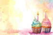 Watercolor hand drawn birthday cupcake with candles on watercolor background