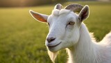 Fototapeta  - Face of Goat on summer pasture in morning light