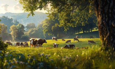 Herd of cows on a lush green pasture