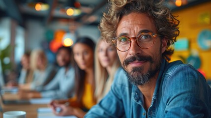 Wall Mural - Casually dressed male leader with glasses in a creative office meeting with team blurred in background.