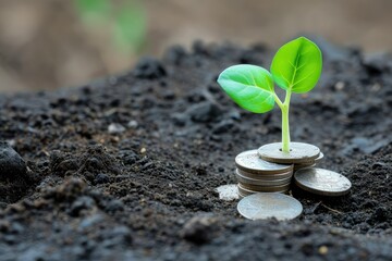 A green sprout grows from a handful of coins.