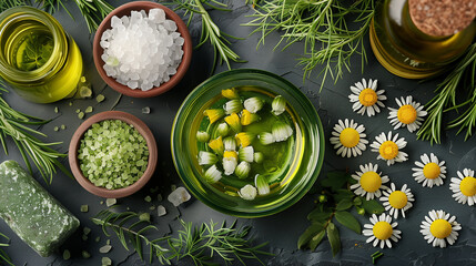 camomille flowers, salt and other green ingredients flat lay (2)