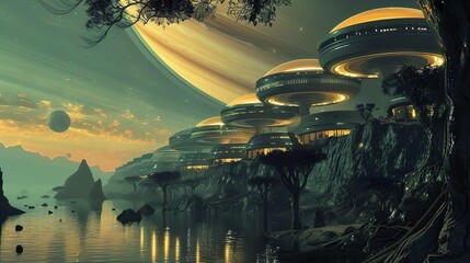 Wall Mural - A modern technological city on an alien planet. Mission flight beyond the solar system. Global science about the universe humanity and future of all mankind.