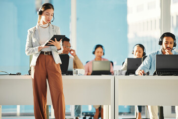 Aufkleber - Woman, call center or manager networking on tablet in customer service or telemarketing. Coworking, help or sales consultant agent with headphones, leadership or technology for online tech support