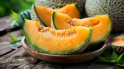 Wall Mural -  pieces of cantaloupe melon on a white background,green cantaloupe melon slices,Whole and sliced of melons,fresh orange melon
