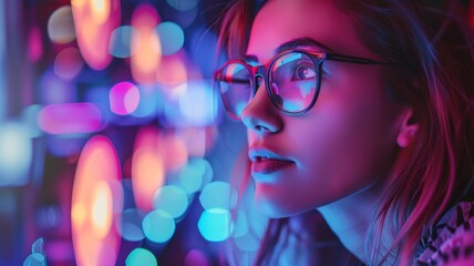 Focused woman in glasses coding on a computer in a room filled with neon lights