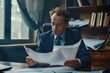 Serious pensive businessman behind paperwork, financier looking at documents, papers and contracts, thinking about solutions to set tasks, man inside office in business suit with laptop. Generative AI