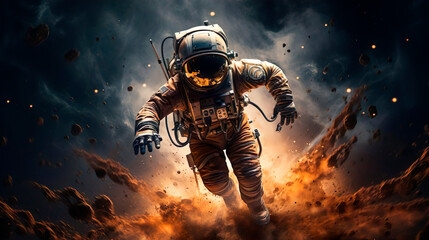 Wall Mural - The battle with asteroids and space debris. Mission flight to new galaxy and stars. Expedition into deep space in order to search for new planets adapted for human life.