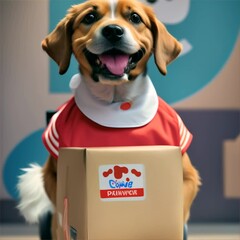 Sticker - A dog is wearing a red shirt and a red bandana and is holding a brown box