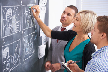 Leinwandbilder - Business people, brainstorming and blackboard with creativity, planning and meeting with ideas. Group, cartoon and manager with employees and chalk with drawing or teamwork with comic strip and story