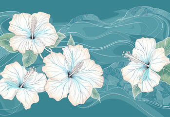 Wall Mural - three white flowers with green leaves on a blue background