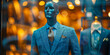 A mannequin is displayed in a store window, dressed in a fitted blue suit and tie. The formal attire showcases the style and sophistication of mens fashion