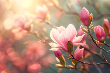 Sticker - Magnolia flowers bask in the warm, soft light of spring, symbolizing new beginnings and natural beauty.