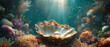 Exquisite pearl in a shell on a vibrant, sunlit underwater coral reef